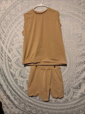 Two-Piece Activewear Set Sleeveless Muscle Tank & Asymmetric Wrap Skort Beige XL